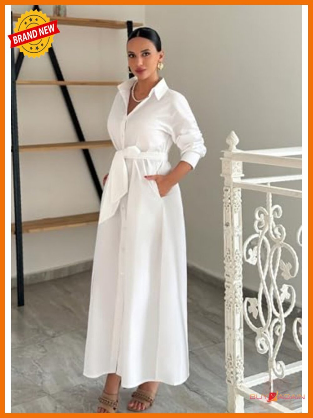 Oversized Shirt Dress Side Slit Long Sleeve Button Down Maxi Dresses with - Picture 2 of 6